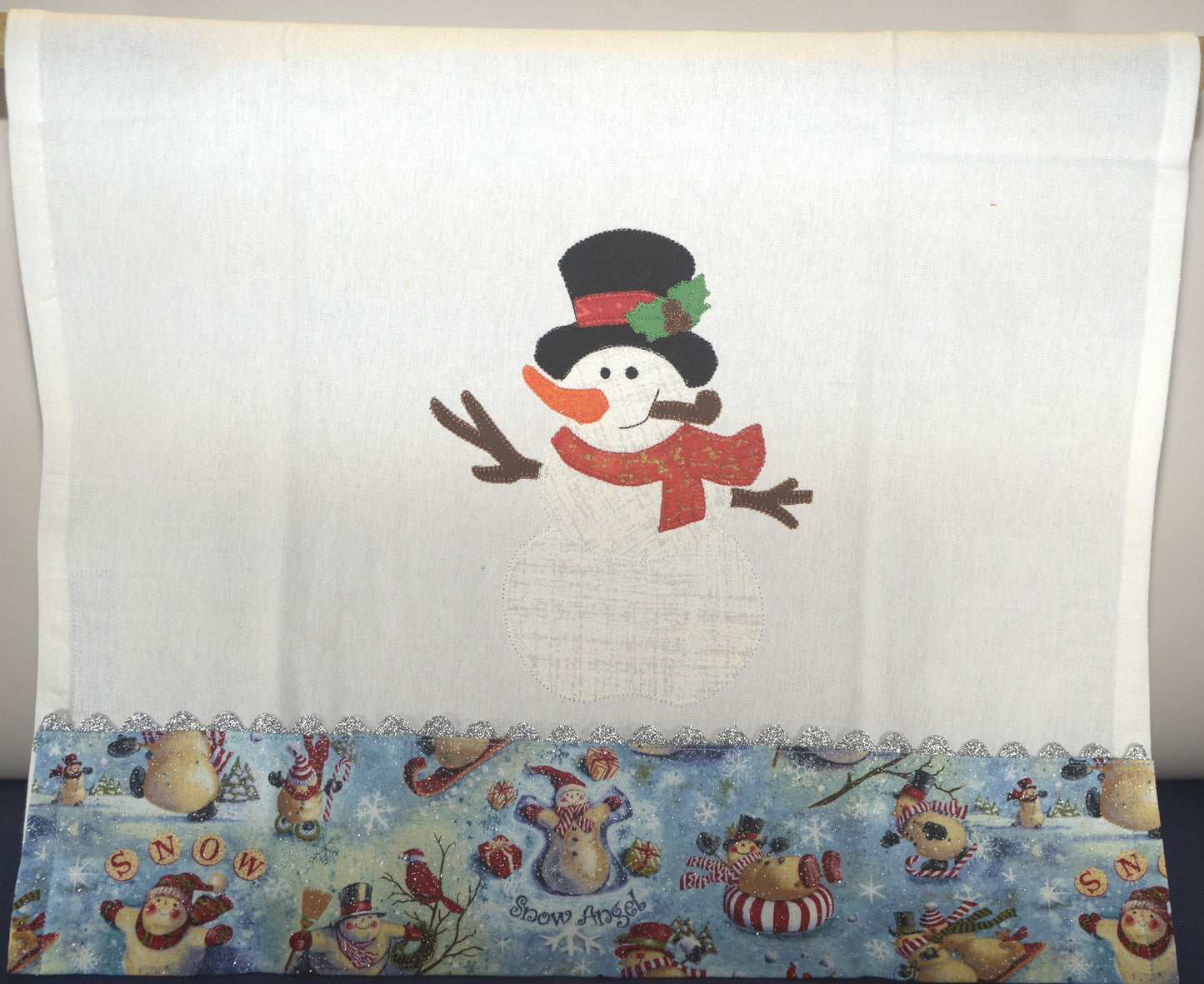 Tea Towel Snowman with red scarf and black hat with red ribbon