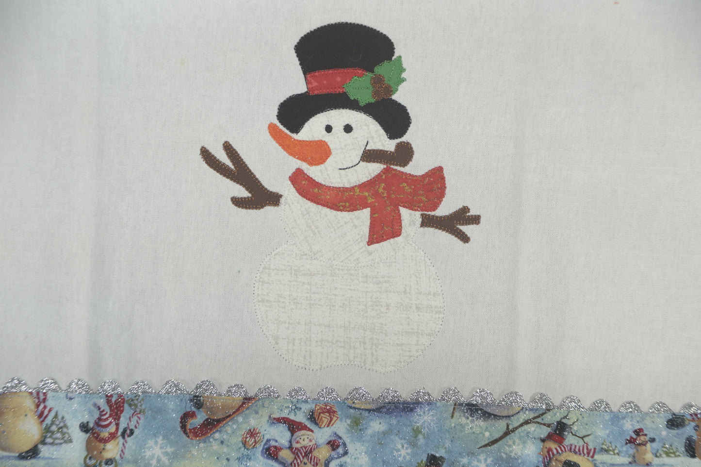 Tea Towel Snowman with red scarf and black hat with red ribbon
