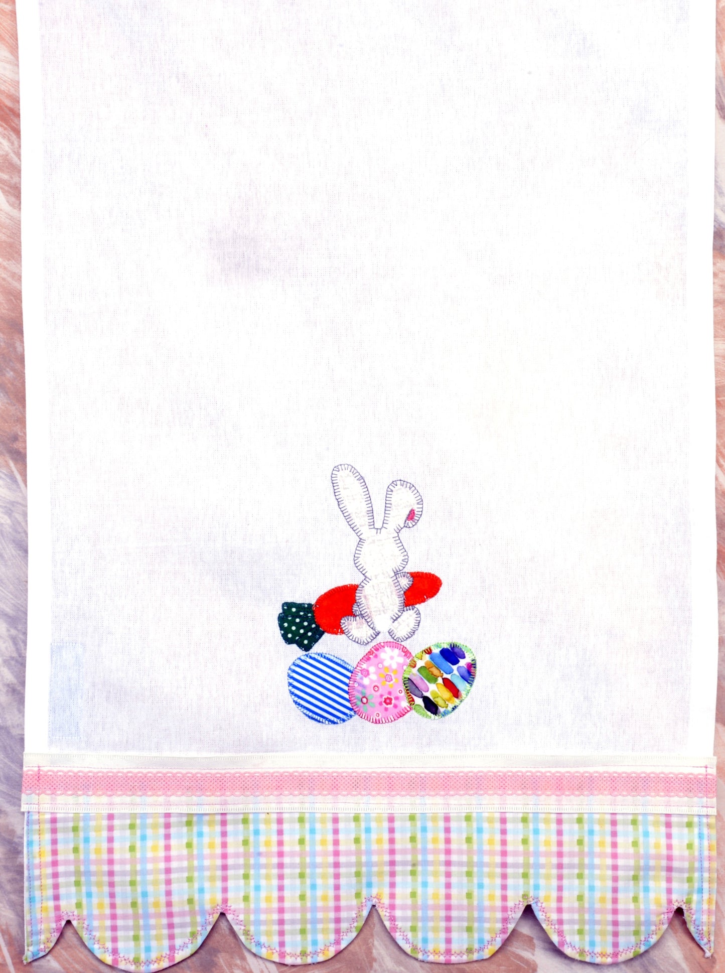 Tea Towel Backwards Easter Bunny with Carrot and Easter Eggs