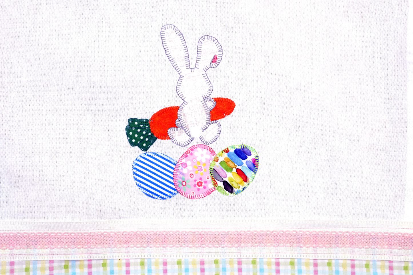 Tea Towel Backwards Easter Bunny with Carrot and Easter Eggs