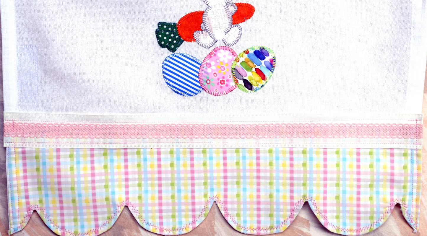 Tea Towel Backwards Easter Bunny with Carrot and Easter Eggs