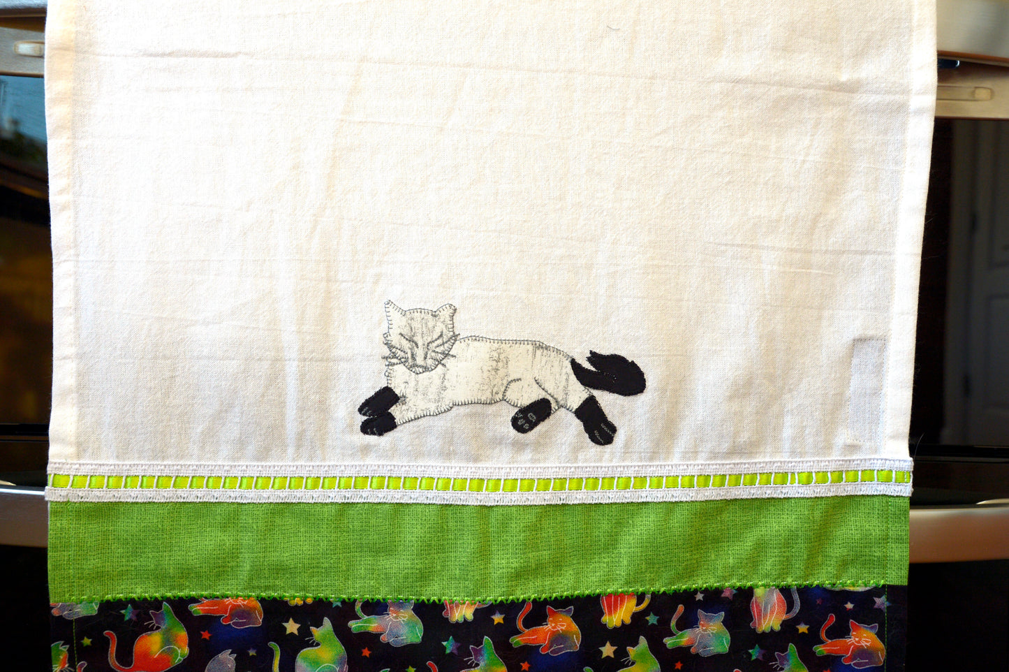 Tea Towel Relaxing White Cat Black Paws