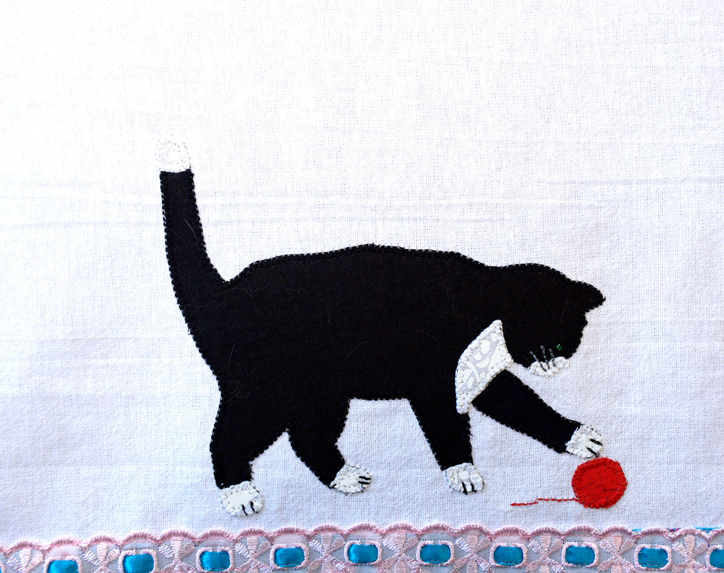 Tea Towel Black Cat playing with yarn