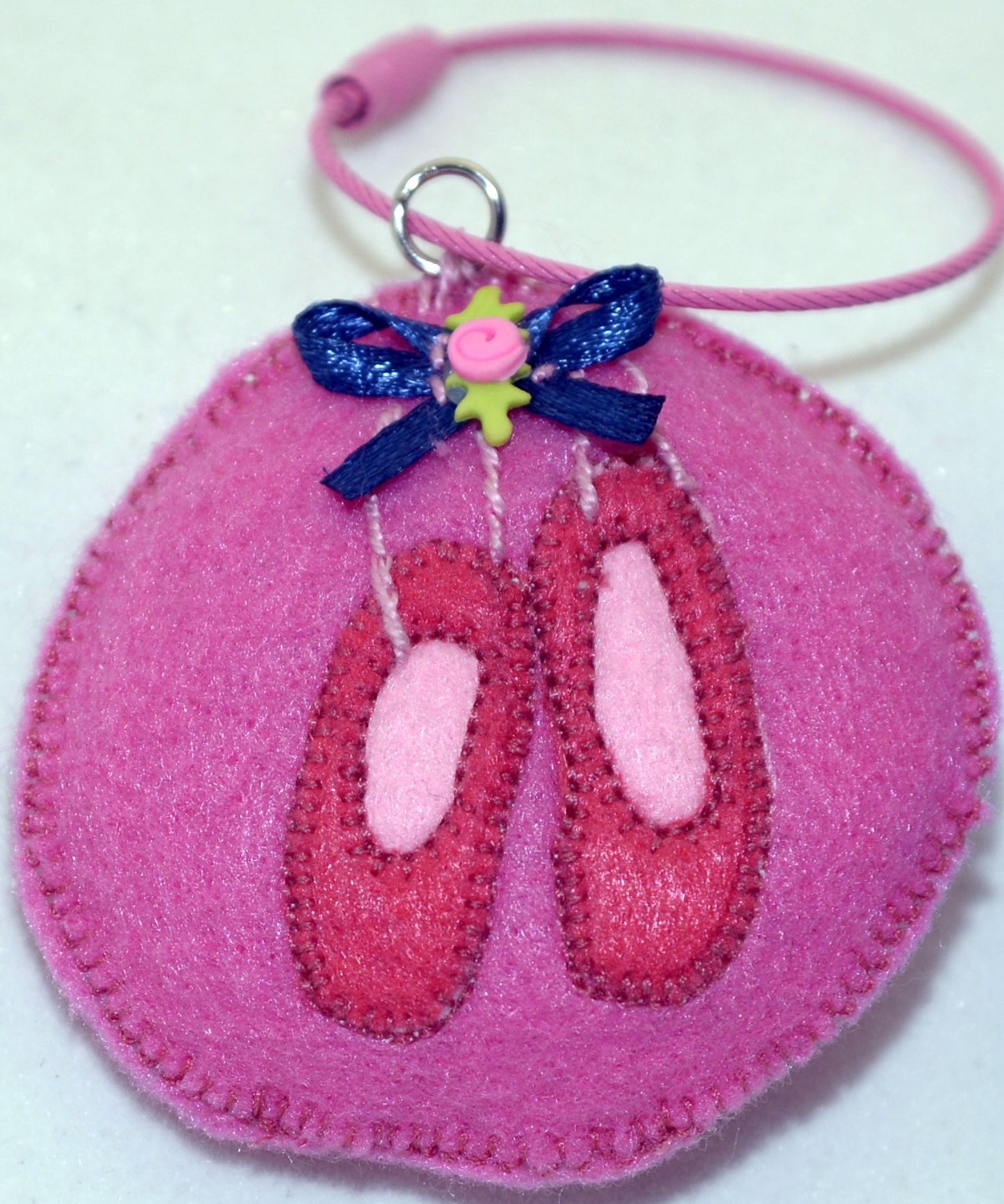 Key Ring/Backpack Charm - Blue ballet slippers on pink background