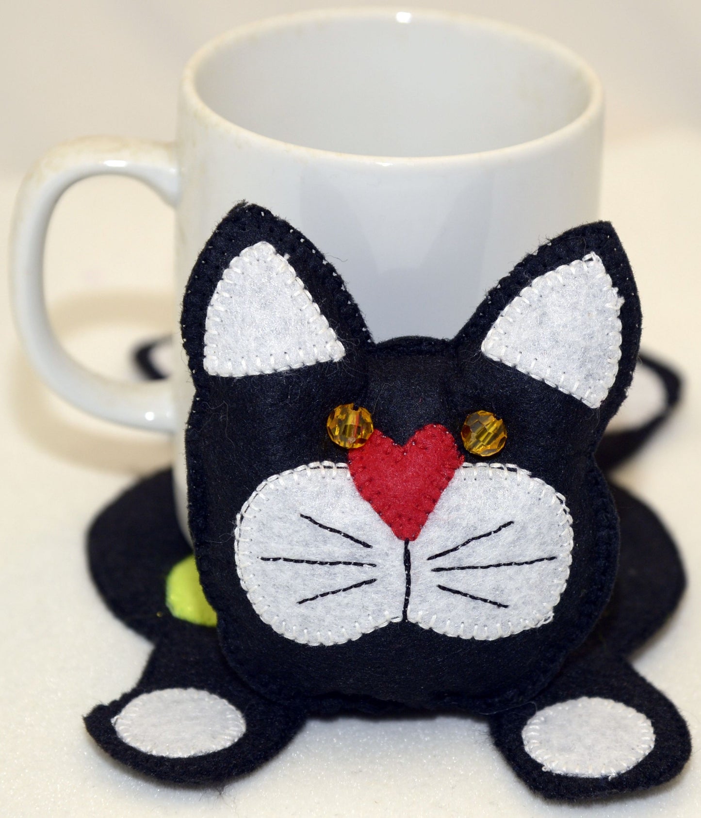 Mug Rug - Black and white cat with green heart.