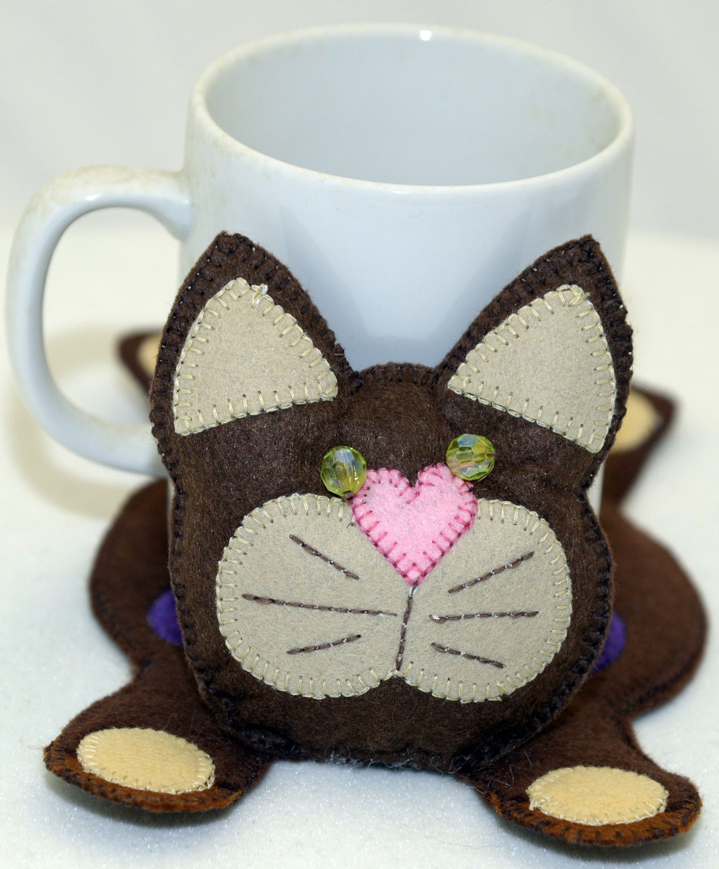 Mug Rug - Brown cat with purple heart on back