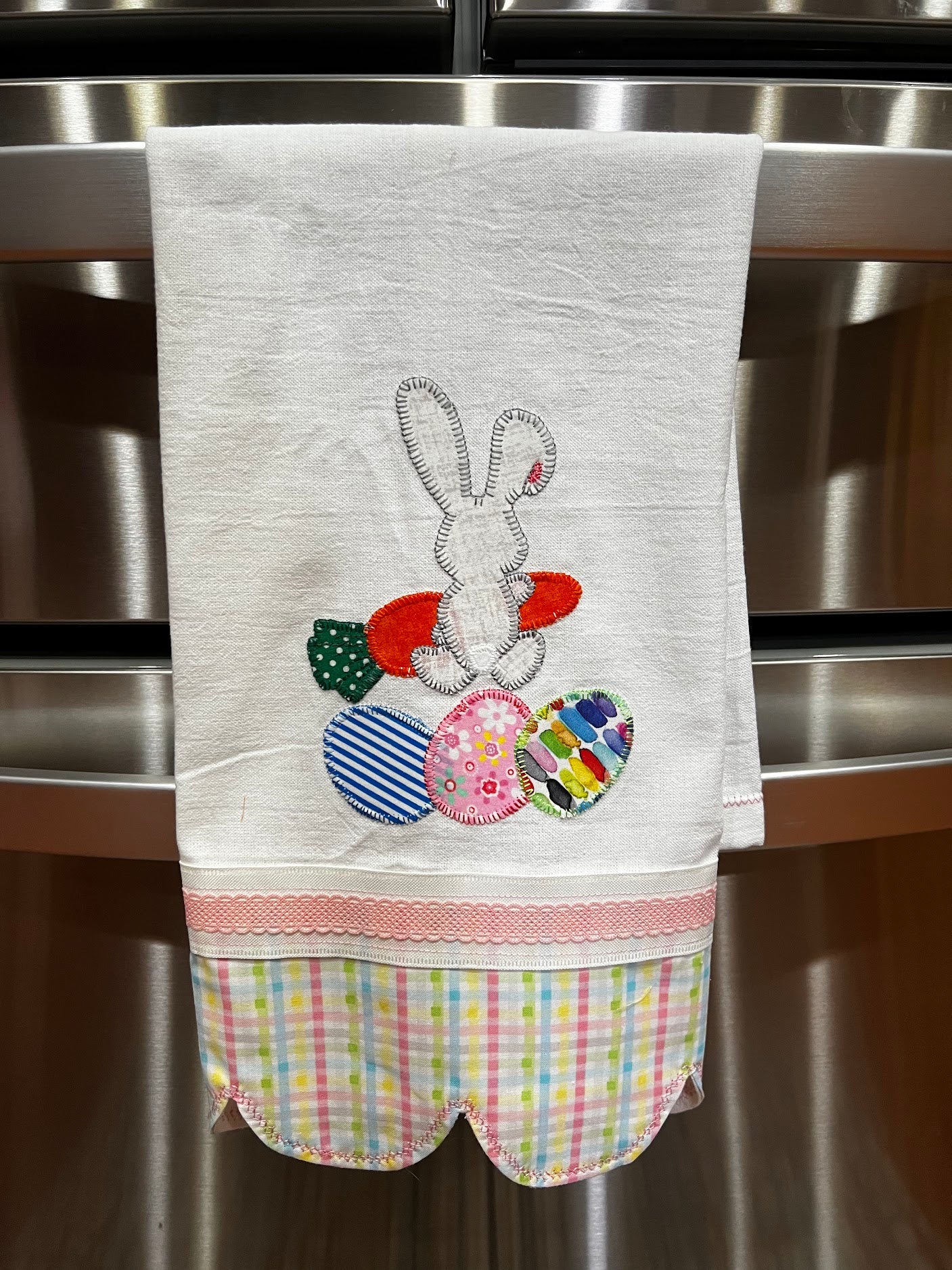 Tea Towel Backwards Easter Bunny with Carrot and Easter Eggs