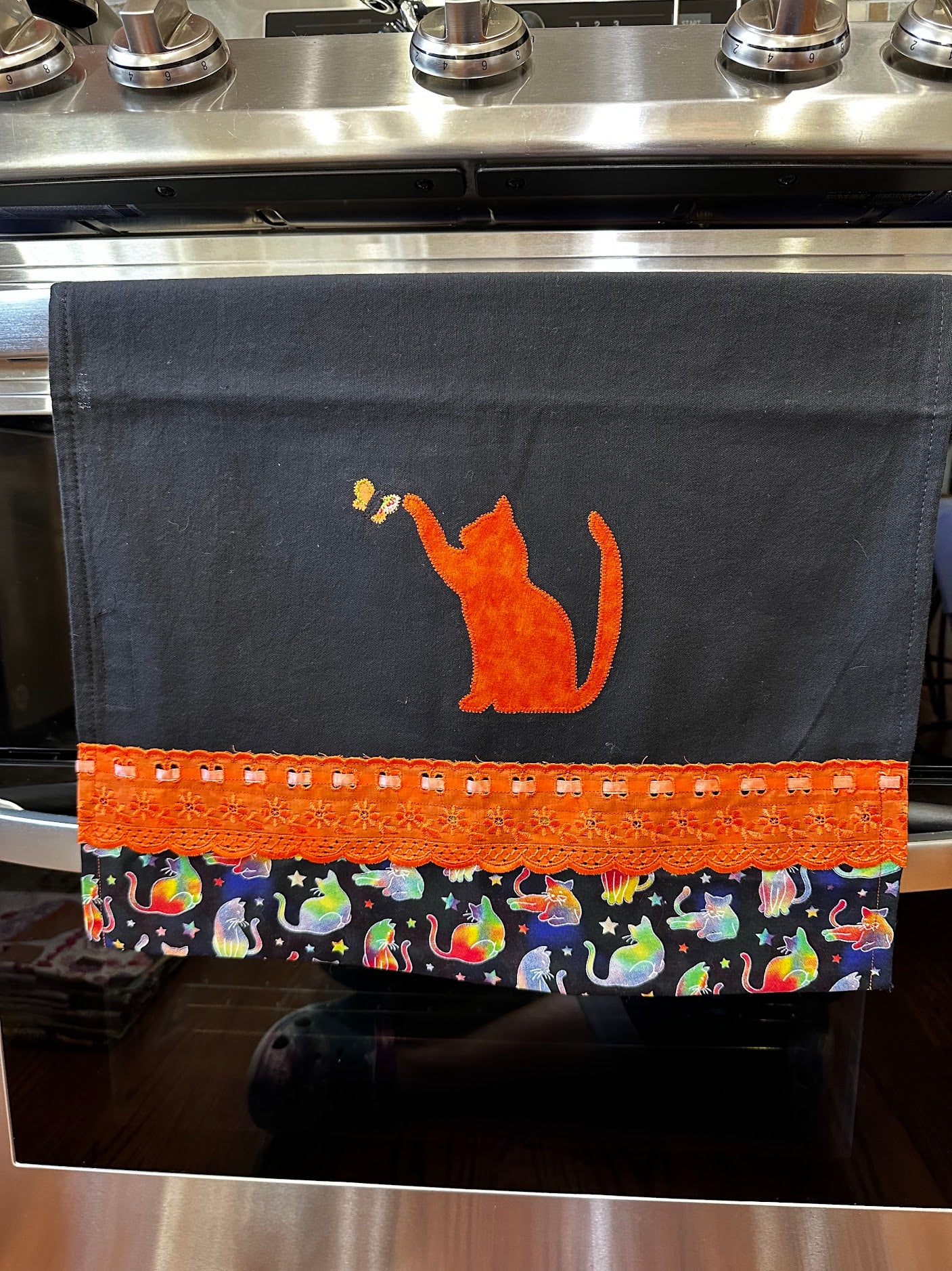 Tea Towel Orange Cat and Butterfly - Black