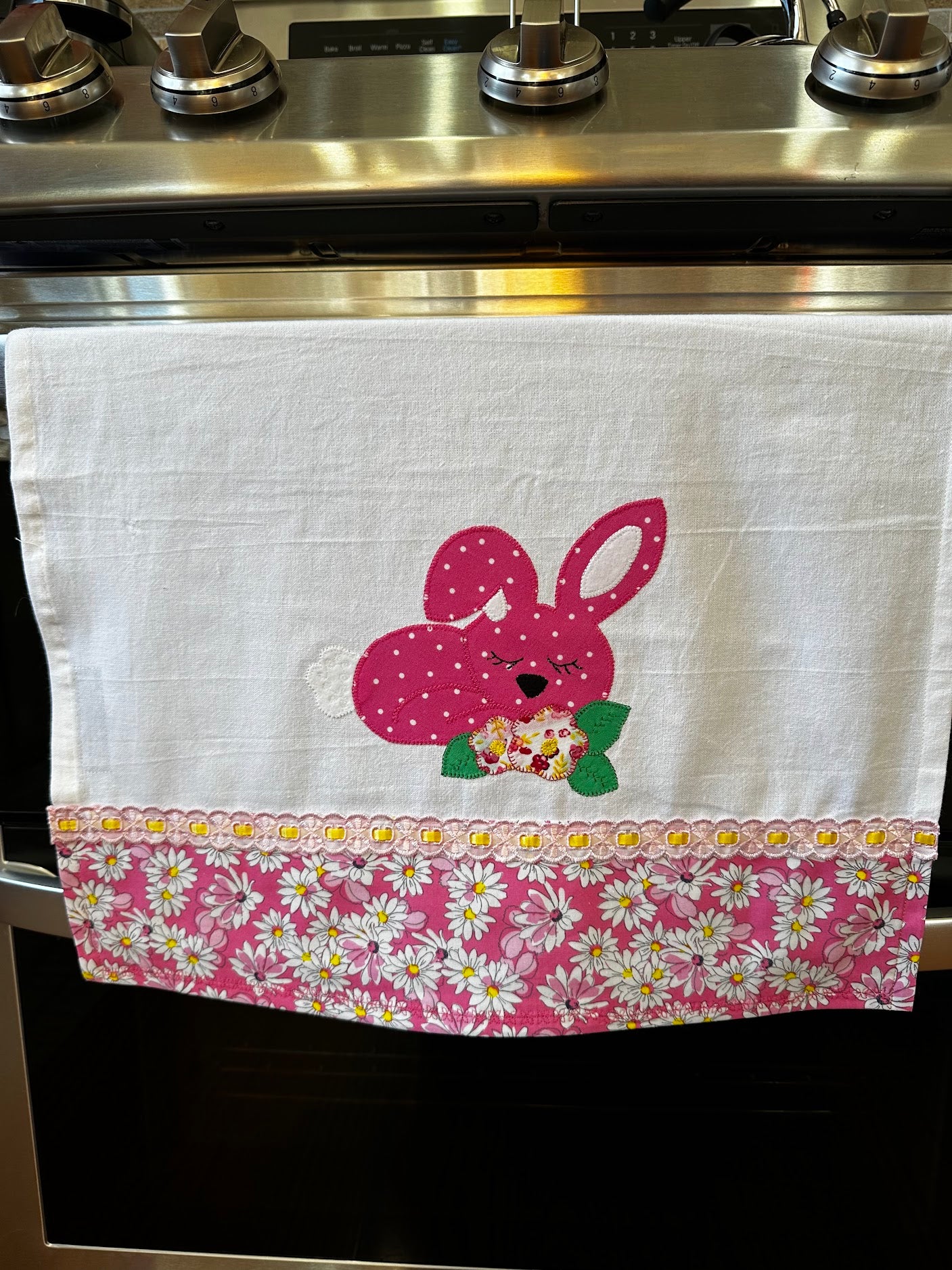 Tea Towel Cute Sleepy Easter Bunny and flowers