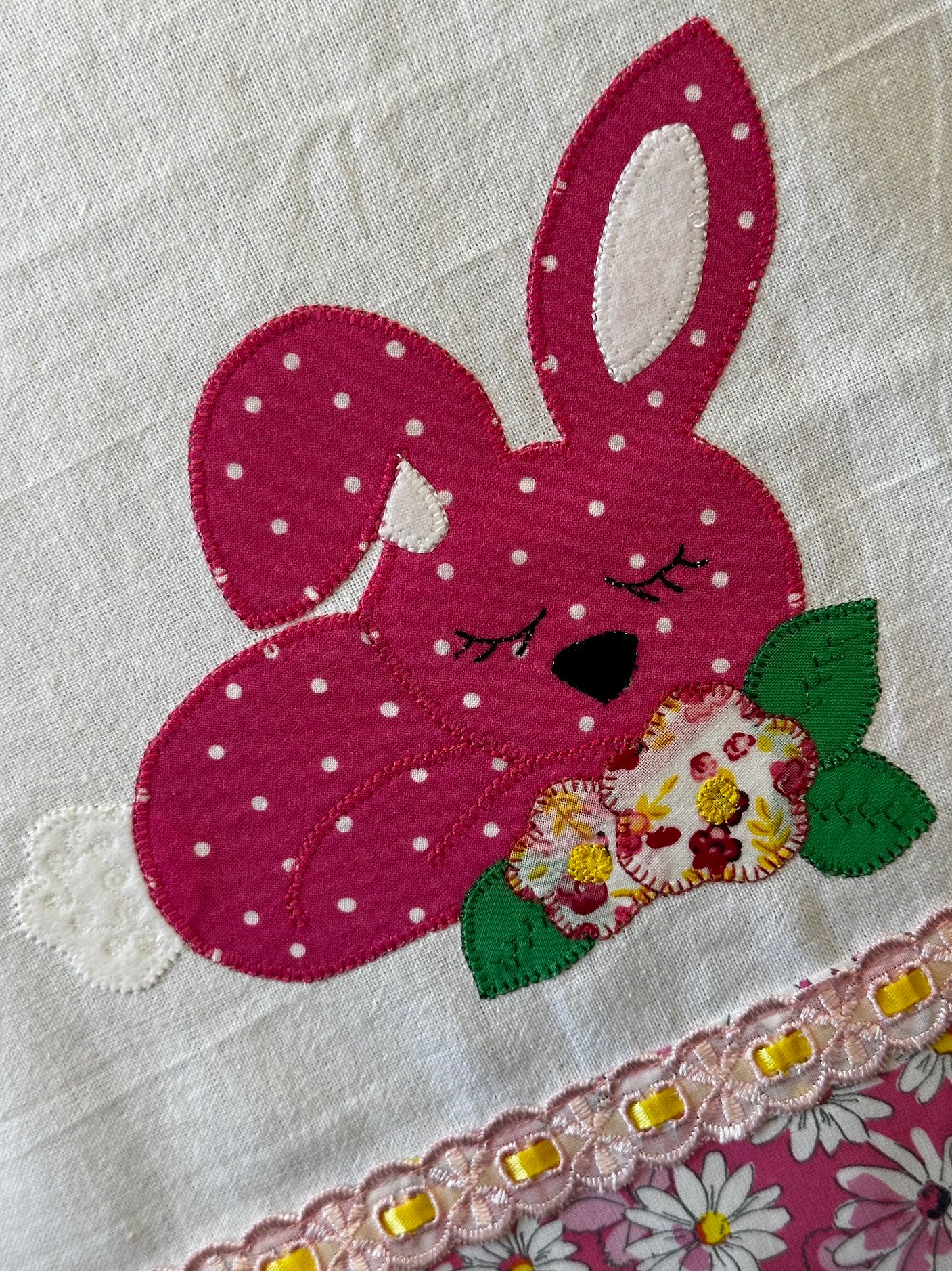 Tea Towel Cute Sleepy Easter Bunny and flowers