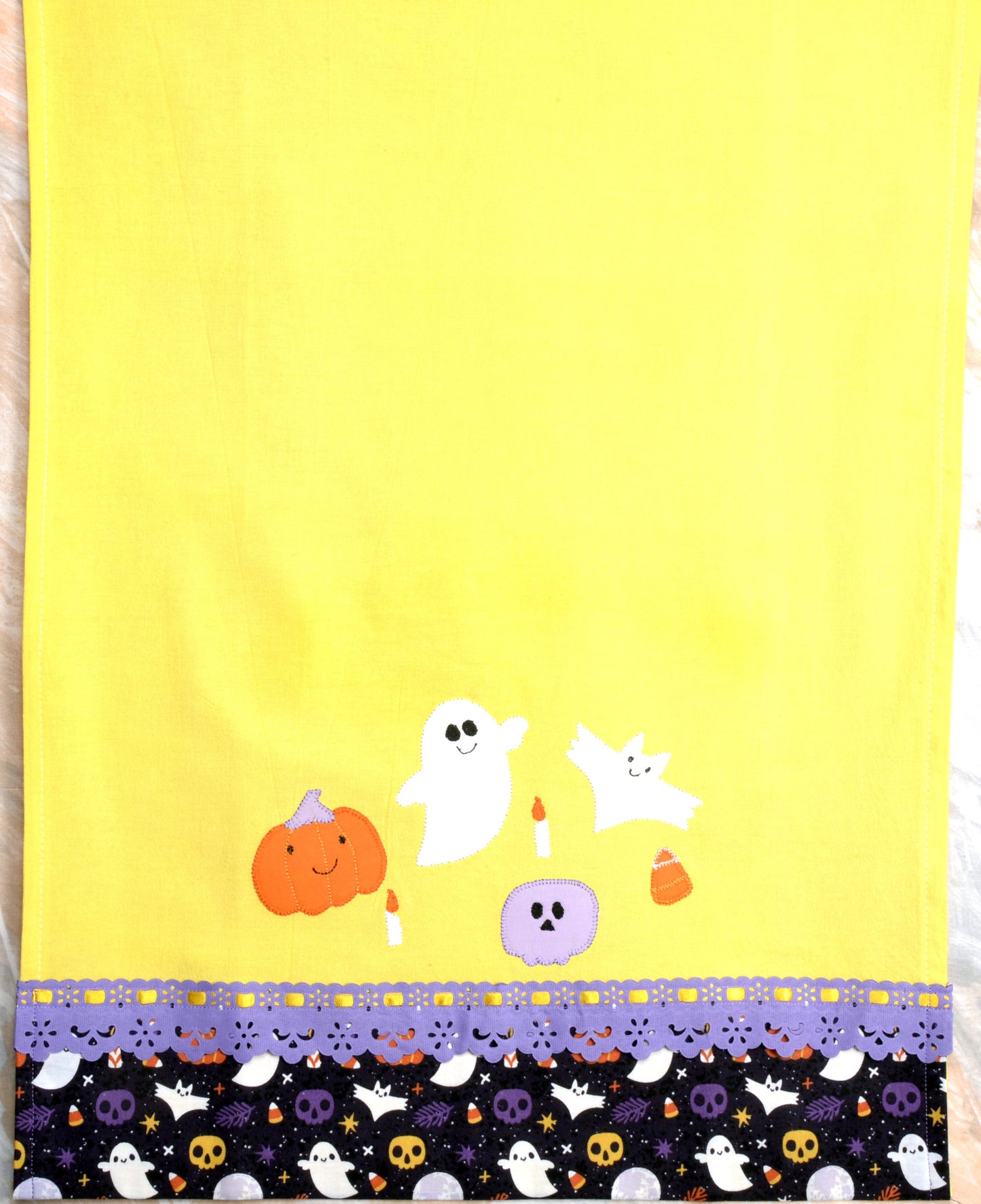 Tea Towel Halloween Pumpkin Carved, Ghost, Bat, Corn Candy, Skull - Yellow