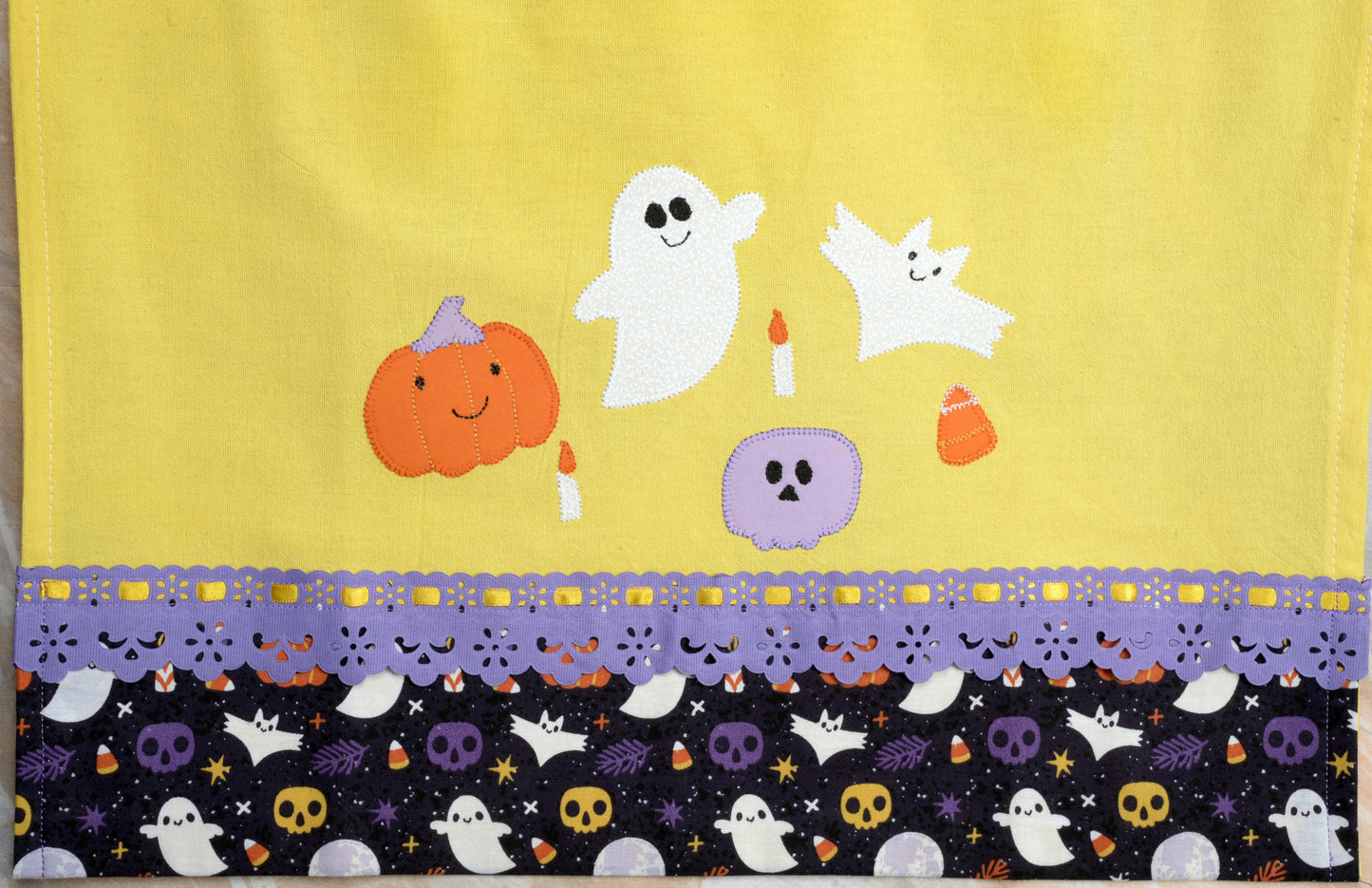 Tea Towel Halloween Pumpkin Carved, Ghost, Bat, Corn Candy, Skull - Yellow