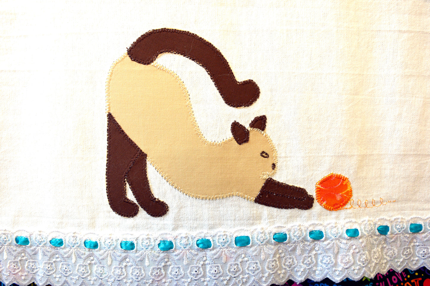 Tea Towel Siamese Cat playing with yarn