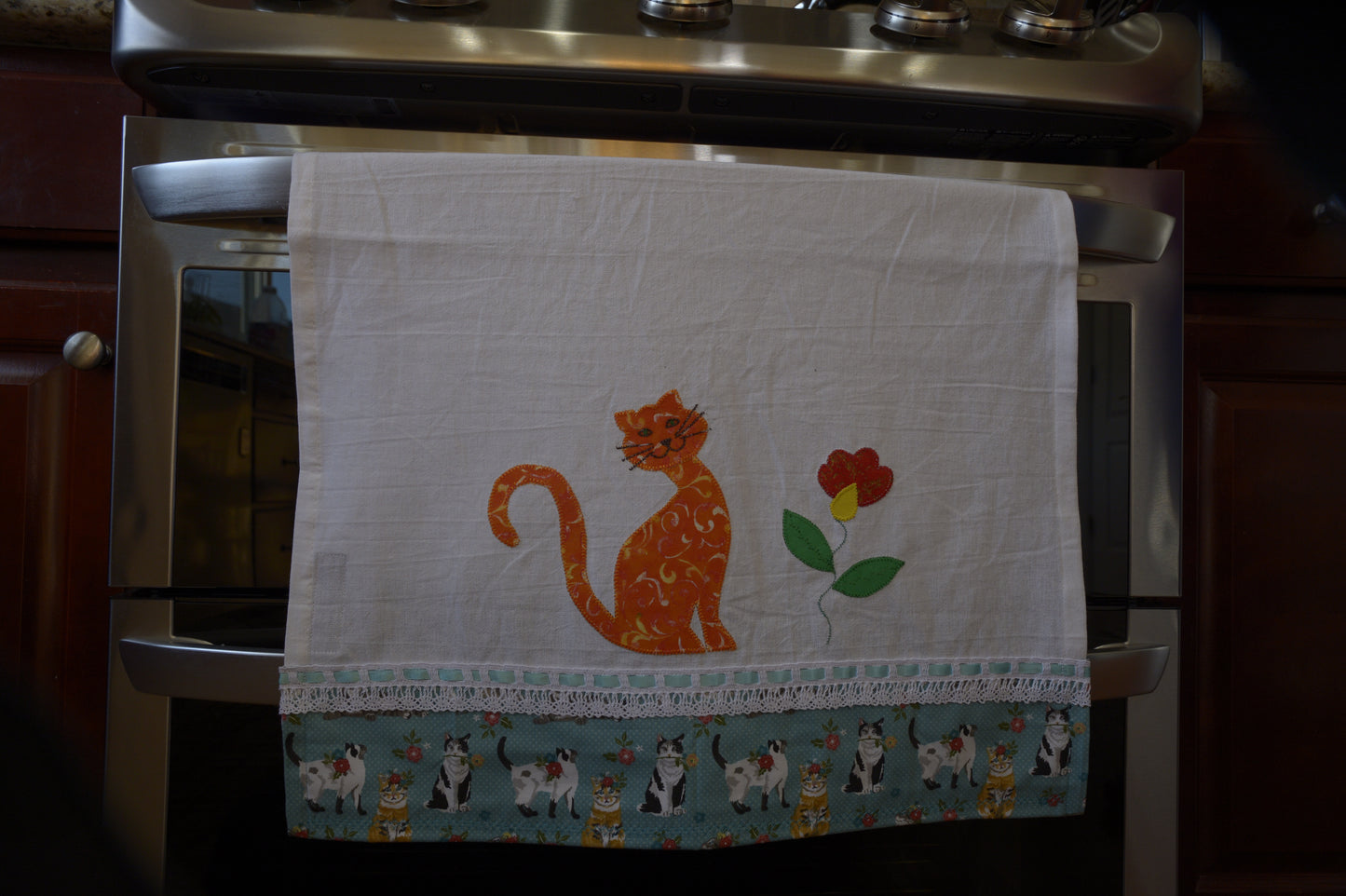 Tea Towel Orange Cat and Flower