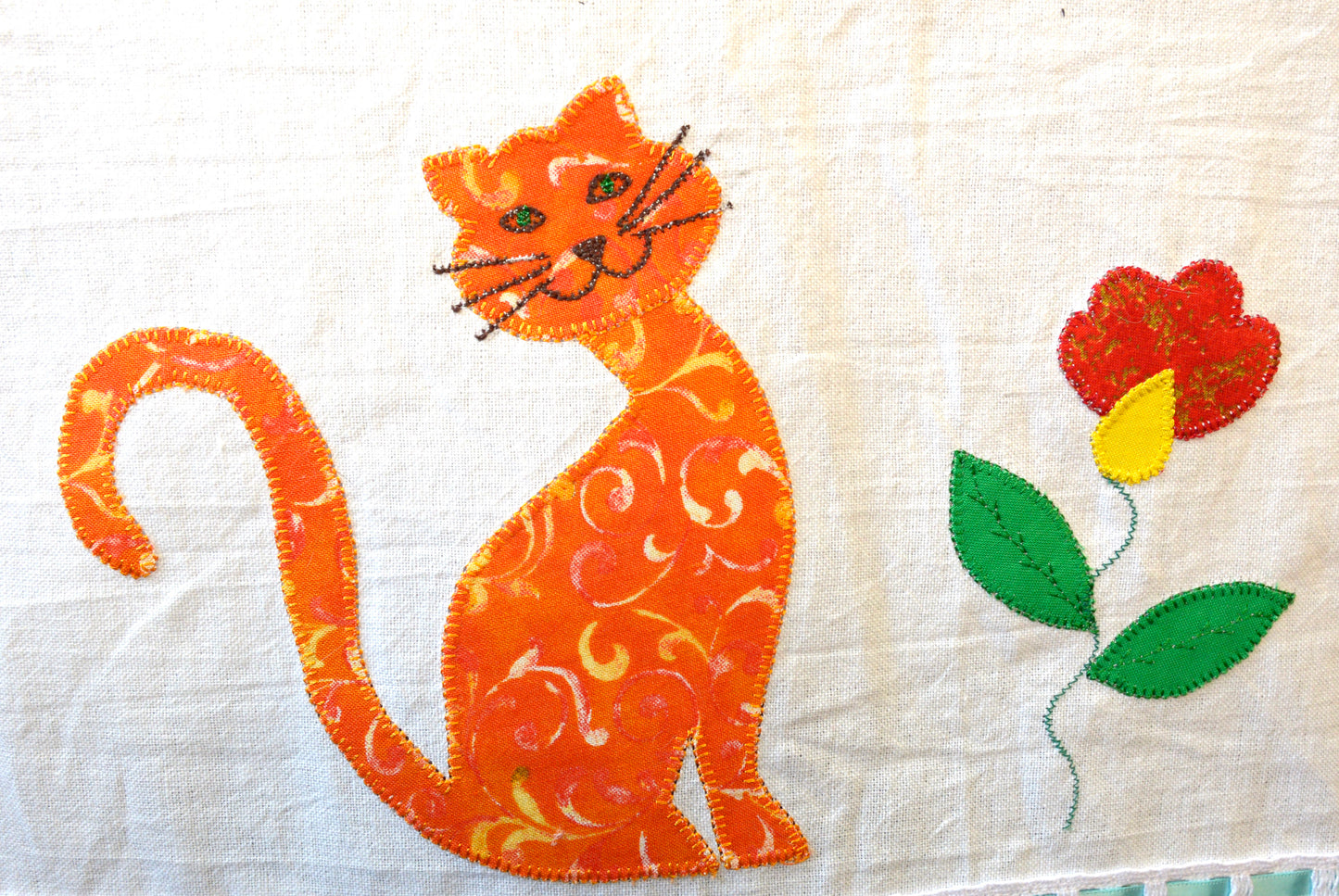 Tea Towel Orange Cat and Flower