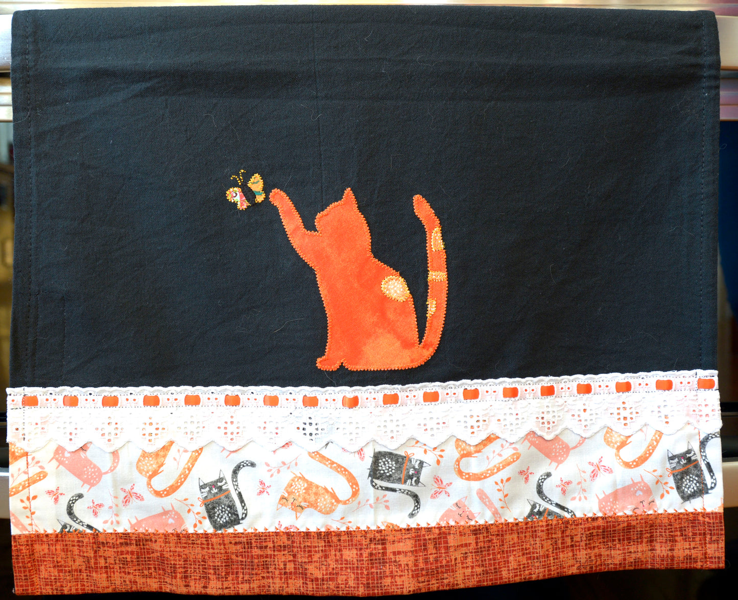 Tea Towel Orange Cat and Butterfly - Black