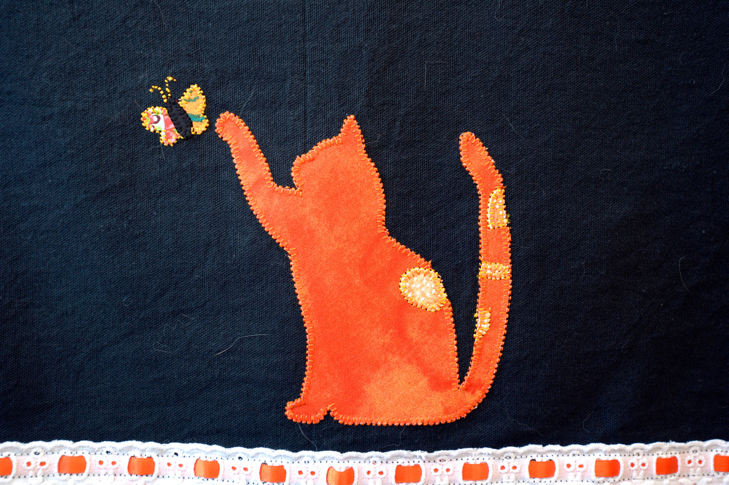 Tea Towel Orange Cat and Butterfly - Black