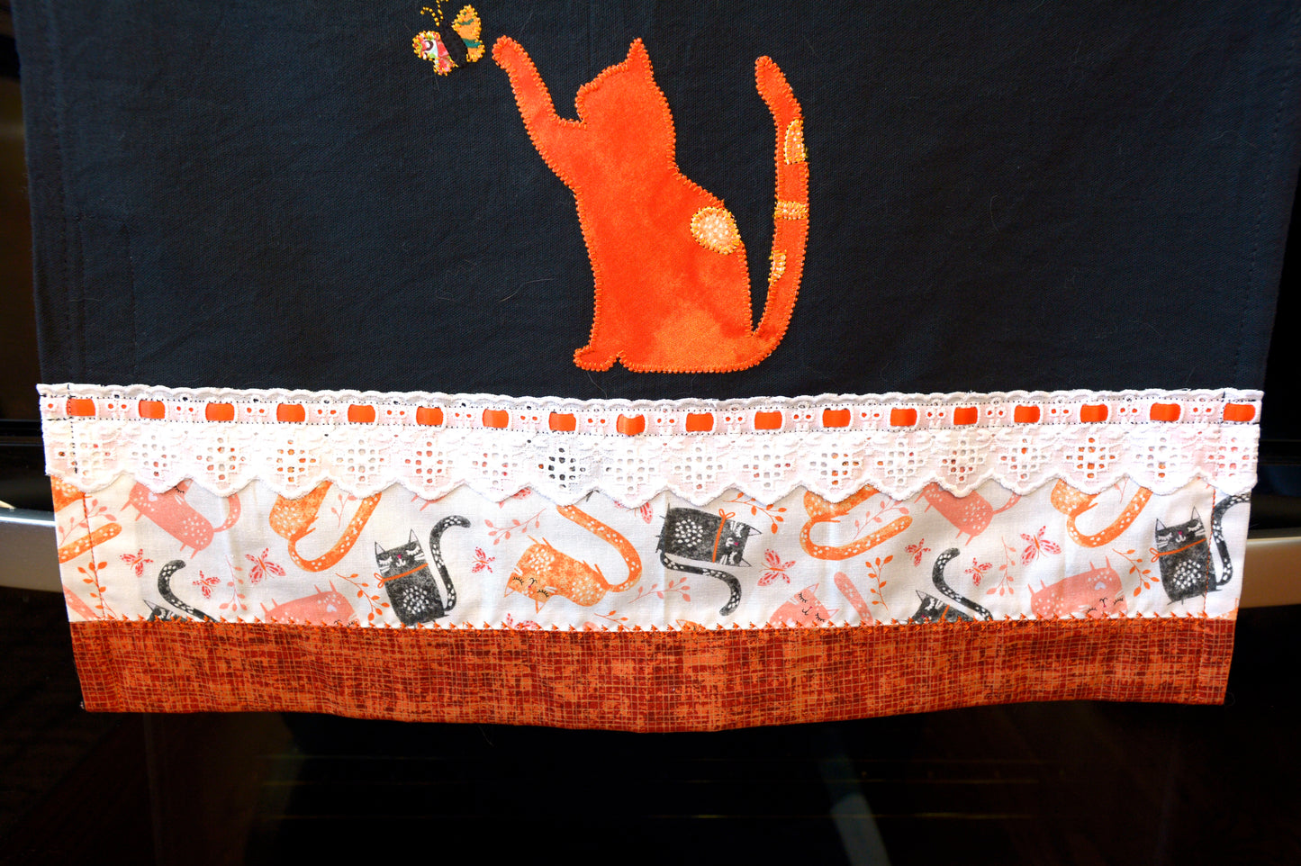 Tea Towel Orange Cat and Butterfly - Black