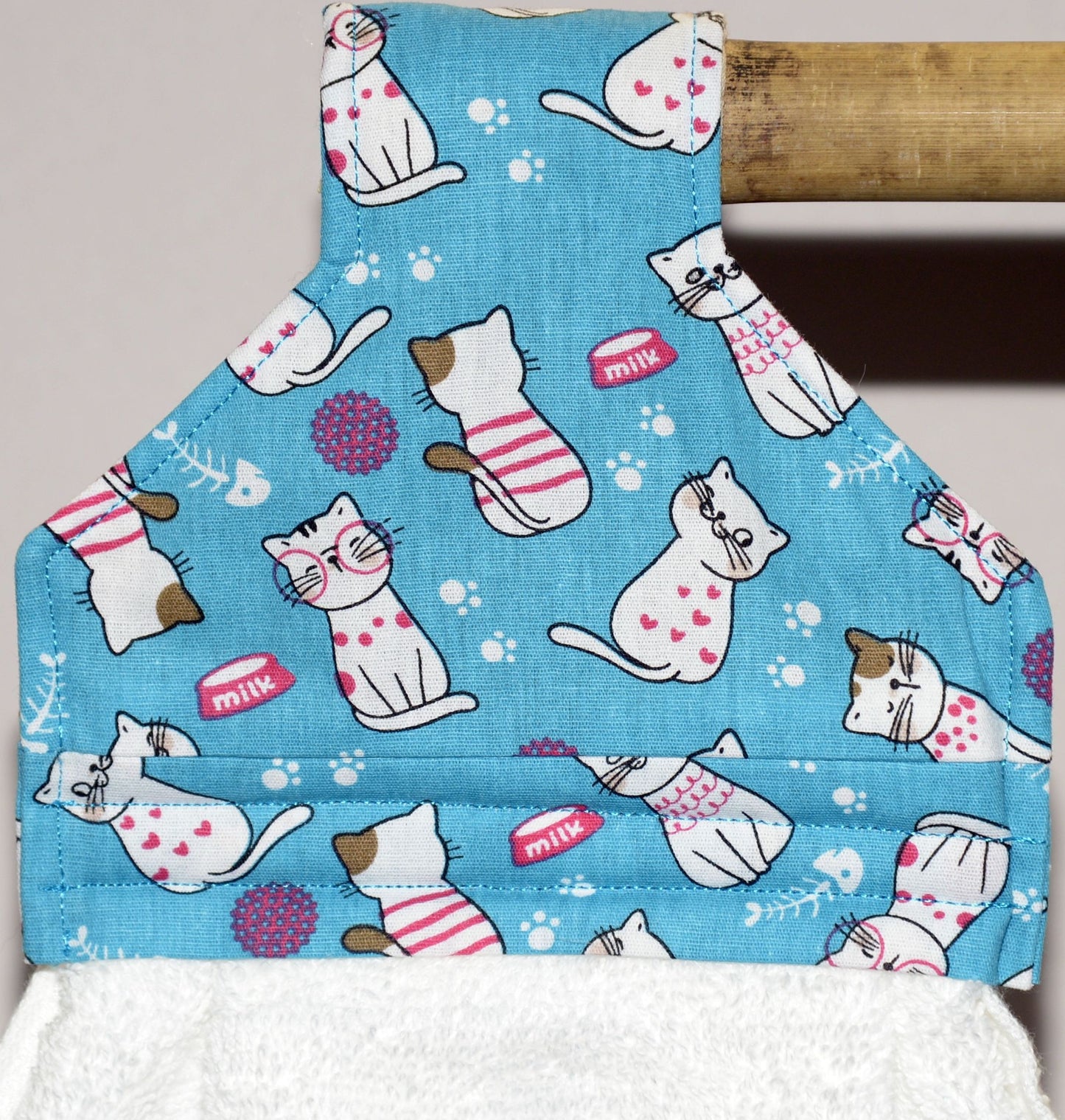 Hanging Towel - White Cats on Blue Background