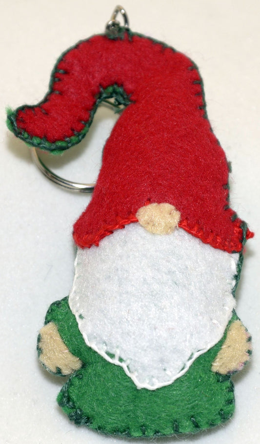 Key Ring/Backpack Charm - Gnome with red hat and green robe.  Christmas Theme