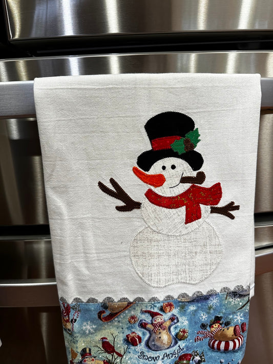 Tea Towel Snowman with red scarf and black hat with red ribbon