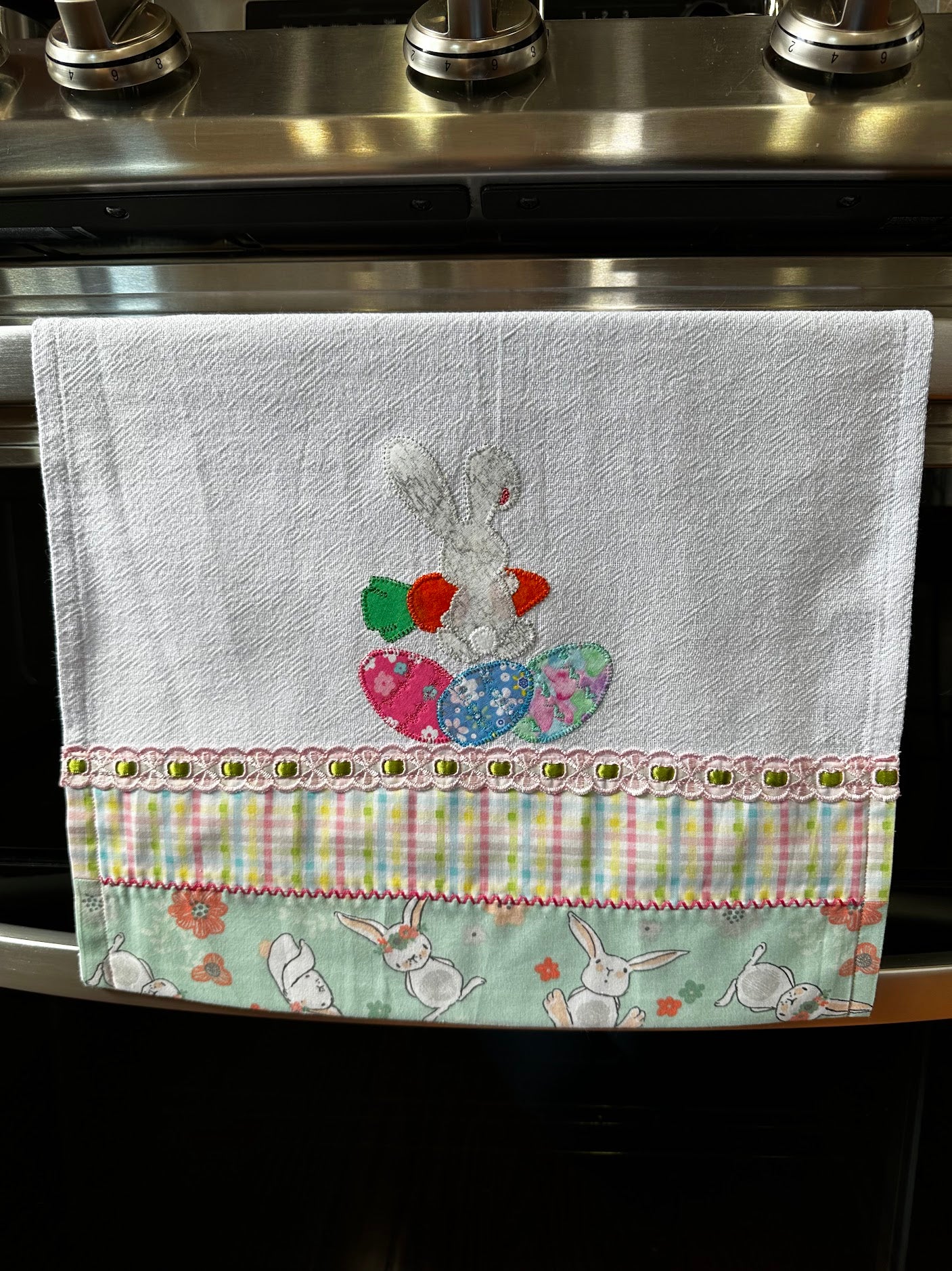 Tea Towel Backwards Easter Bunny with Carrot and Easter Eggs