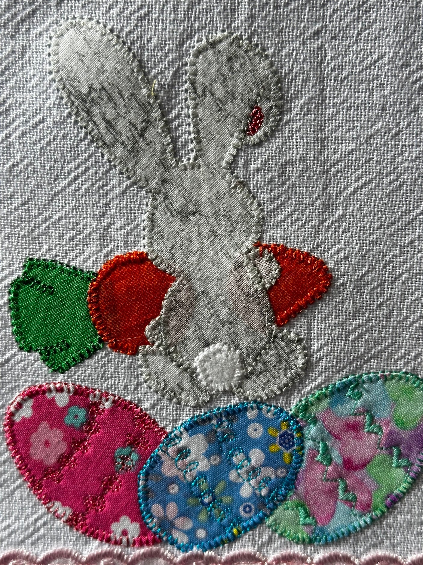 Tea Towel Backwards Easter Bunny with Carrot and Easter Eggs