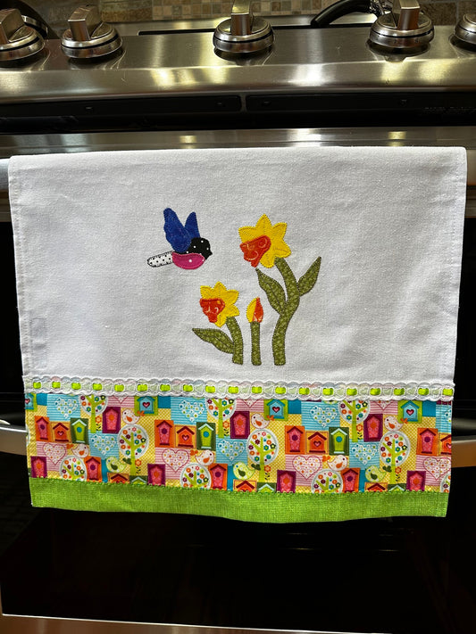 Tea Towel - Bird and Flowers Green