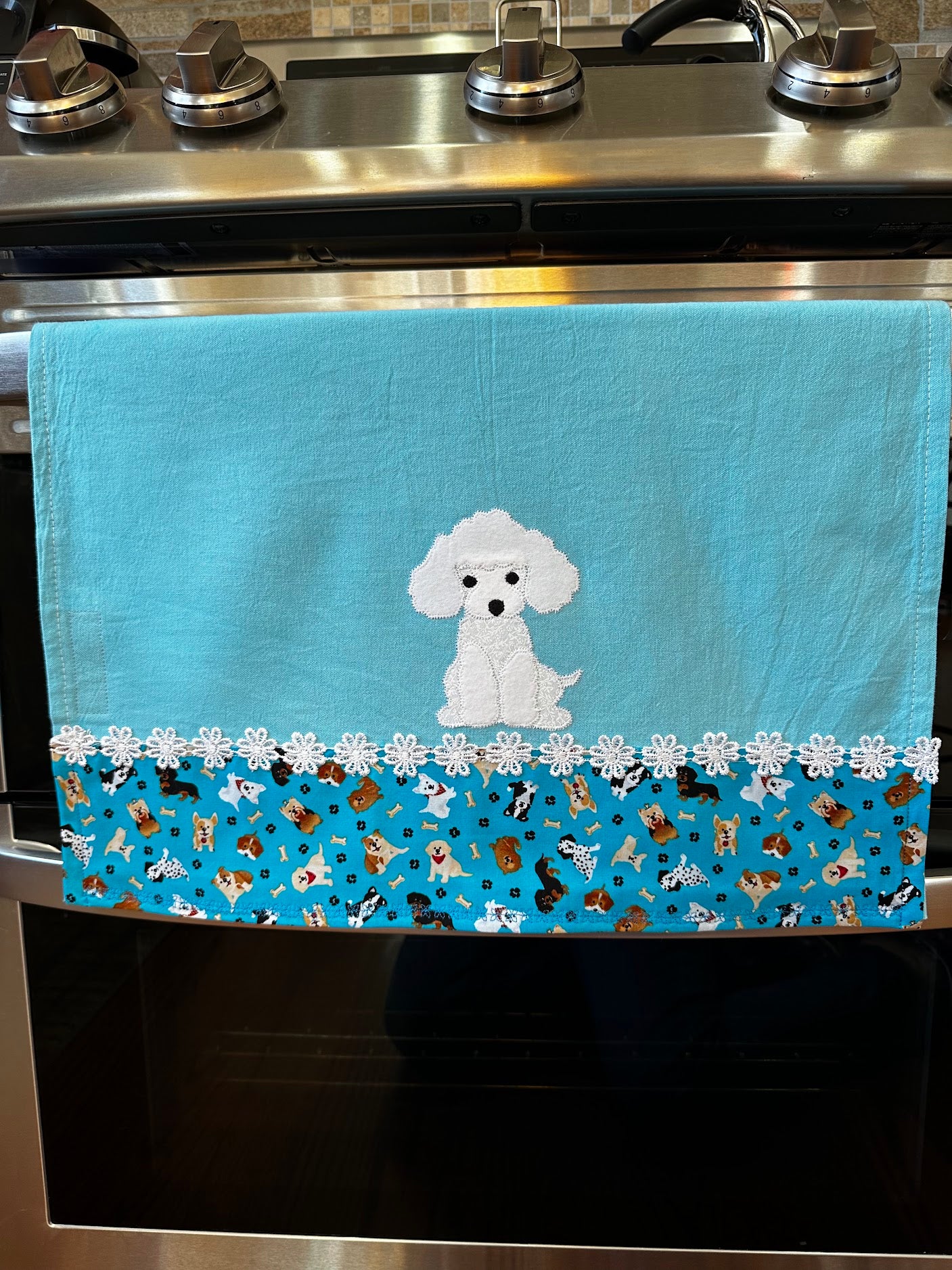 Tea Towel Blue with Lovely white Poodle