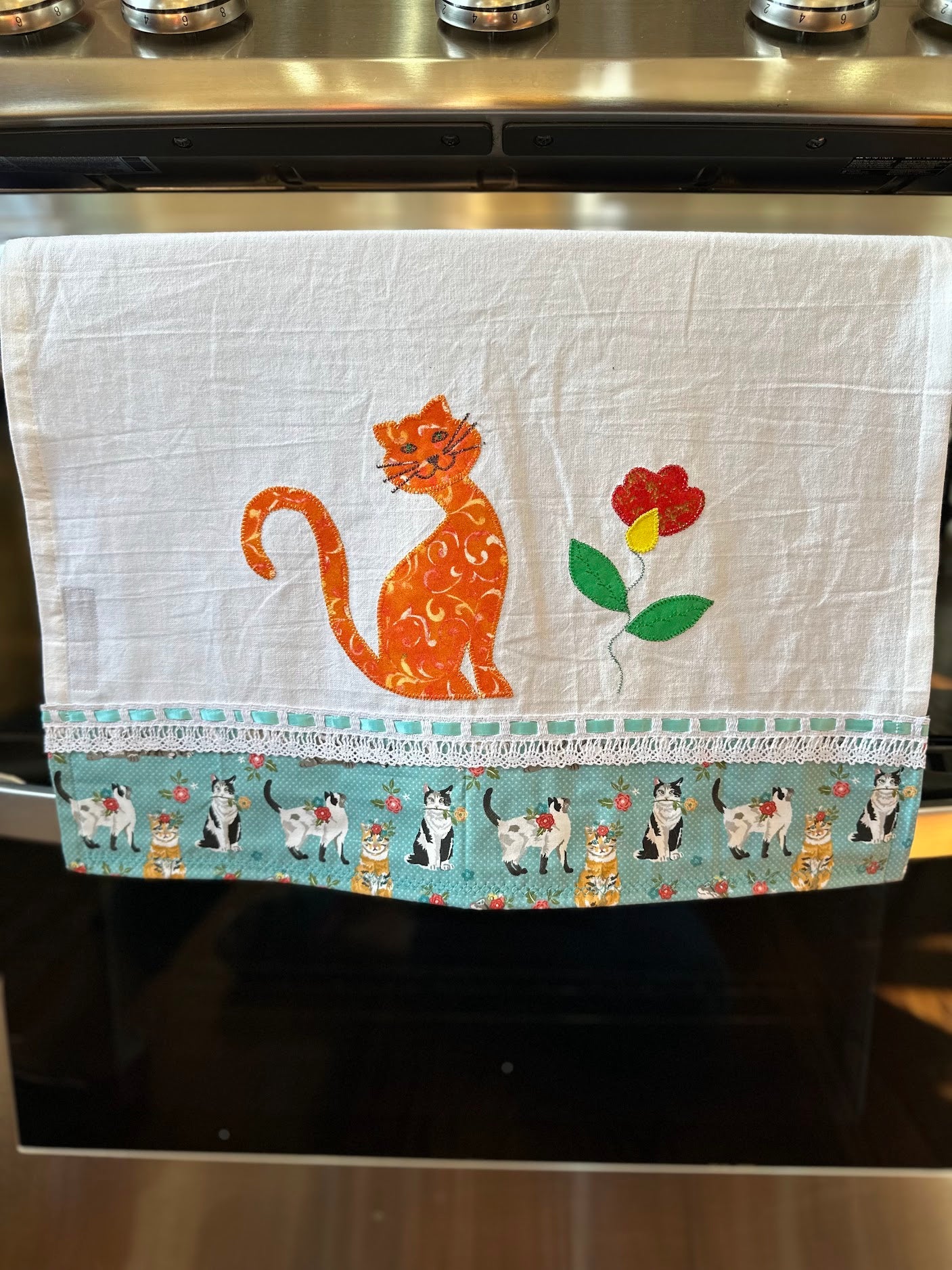 Tea Towel Orange Cat and Flower