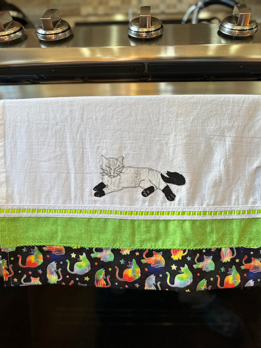 Tea Towel Relaxing White Cat Black Paws