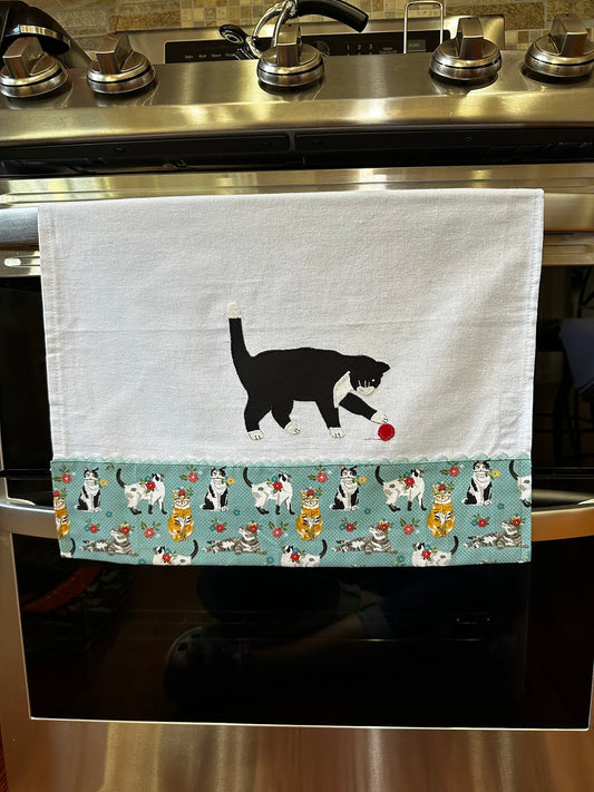 Tea Towel Black Cat playing with yarn - pink flowers